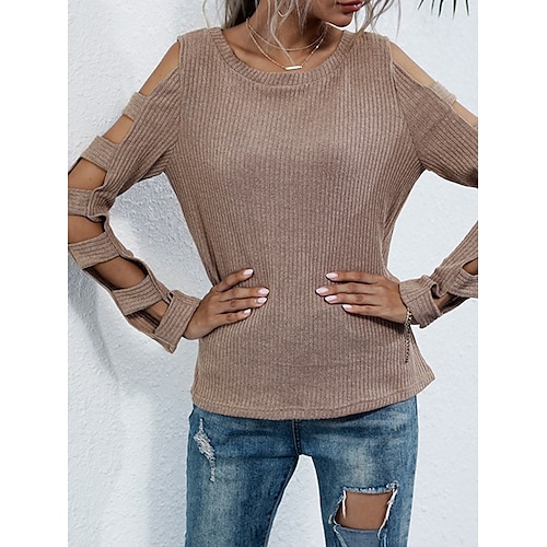 

Damen Pullover Strickwaren Gerippt Stricken Ausgehöhlt Feste Farbe Rundhalsausschnitt Stilvoll Brautkleider schlicht Täglich Ausgehen Frühling Herbst Schwarz Khaki S