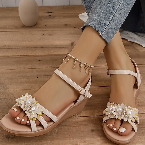 

Damen Sandalen Boho Sandalen mit Keilabsatz Keilabsätze Täglich Strand Quaste Blume Keilabsatz Runde Zehe Offene Spitze Urlaub Elegant Komfort Spitze PU Blumen Ausgeschnitten Schwarz Grün Beige