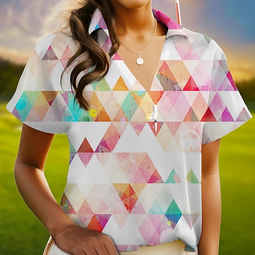 

Mulheres Camisa polo de caminhada Camisa de golfe Respirável Secagem Rápida Pavio Humido Manga Curta Vestuário de golfe Roupas de golfe Normal Em V Geometria Verão Tênis Golfe Pickleball