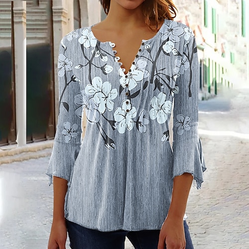 

Women's Shirt Blouse Pink Blue Green Floral Button Print 3/4 Length Sleeve Casual Holiday Basic Round Neck Regular Floral S