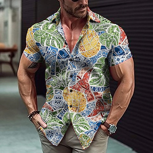 

Homens Camisa Social Estampas Abstratas Folhas Aberto para a Lateral Azul Verde Ao ar livre Rua Manga Curta Imprimir Roupa Moda Roupa de rua Designer Casual