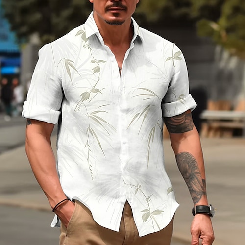 

Men's Shirt Linen Shirt Graphic Prints Leaves Turndown White Outdoor Street Short Sleeves Print Clothing Apparel Linen Fashion Designer Casual Soft