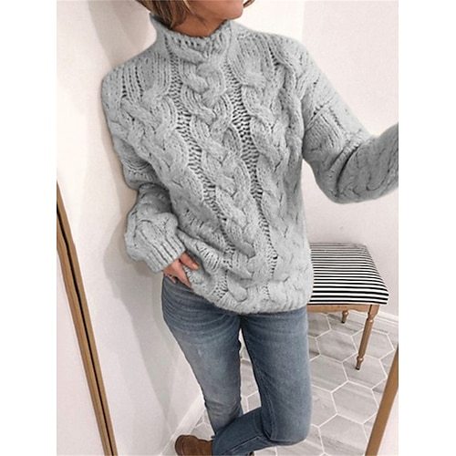 

Women's Pullover Sweater Jumper Jumper Cable Knit Braided Solid Color Turtleneck Stylish Casual Outdoor Daily Fall Winter Light Blue Gray S M L