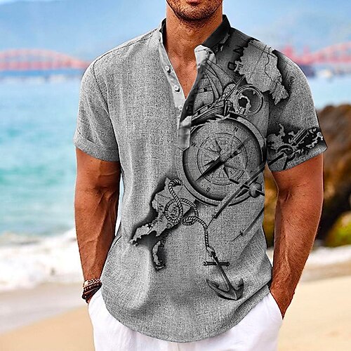 

Homens Camisa Social camisa de linho Estampas Abstratas Vintage Bussola Colarinho Chinês Branco Cáqui Cinzento Ao ar livre Rua Manga Curta Imprimir Roupa Linho Moda Roupa de rua Designer Casual