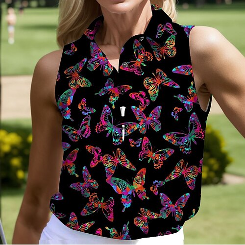 

Mulheres Camisa polo de caminhada Camisa de golfe Pólo de botões Respirável Secagem Rápida Pavio Humido Sem Manga Vestuário de golfe Roupas de golfe Normal Borboleta Verão Tênis Golfe Pickleball