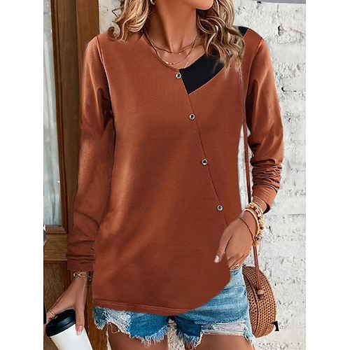 

Mulheres Camiseta Blusa Marron Tecido Botão Manga Longa Casual Básico Decote Redondo