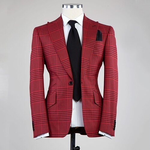 

Red Purple Men's Wedding Suits 2 Piece Checkered Tailored Fit Single Breasted One-button 2023