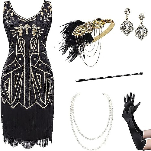 

Retro Antiguo Rugido 20s 1920s Vestido Flapper Traje de cosplay Accesorios Diadema de estilo flapper El gran Gatsby Mujer Lentejuelas Borlas Cosplay Disfraz Navidad Víspera de Todos los Santos Fiesta