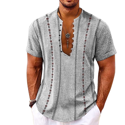 

Homme Chemise Chemise Lin Imprimés Photos Géométrie Sans col Bleu Kaki Gris Extérieur Plein Air Manche Courte Imprimer Vêtement Tenue Lin Mode Vêtement de rue Design Décontractées