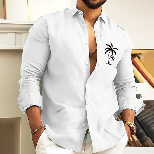 

Men's Shirt Linen Shirt Coconut Tree Graphic Prints Stand Collar Black White Light Green Blue Purple Outdoor Street Long Sleeve Print Clothing Apparel Linen Fashion Streetwear Designer Casual