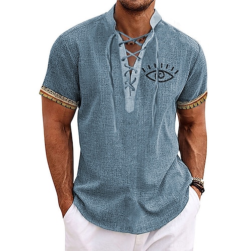 

Men's Shirt Linen Shirt Graphic Prints Vintage Eye Stand Collar Blue Green Khaki Gray Outdoor Street Short Sleeves Drawstring Print Clothing Apparel Linen Fashion Streetwear Designer Casual