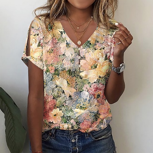 

Women's T shirt Tee Floral Holiday Weekend Button Cut Out Print Yellow Short Sleeve Basic V Neck