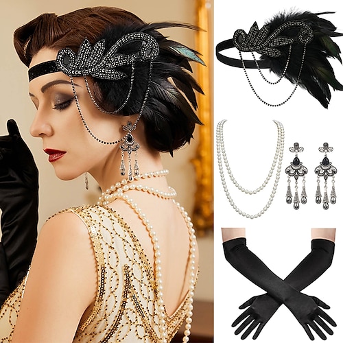 

1920s Flapper Headband Feather Accessories Set for Women 4 PCS Roaring 20s Great Gatsby Faux Pearl Necklace Gloves Earrings Masquerade Halloween Carnival