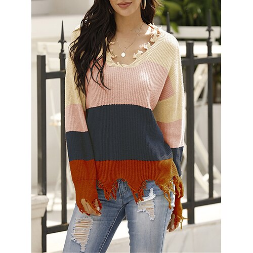 

Pull Maille Femme A côtes Tricoter Franges Bloc de couleur Col V mode Décontractées Extérieur du quotidien manche longue Eté Automne Jaune Rose Claire S M L