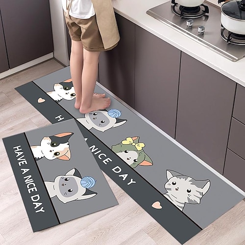 

Cute Cartoon Cat Kitchen Mat Non-Slip Oil Proof Rug Indoor Outdoor Mat Bedroom Decor Bathroom Mat Entrance Rug Door Mat