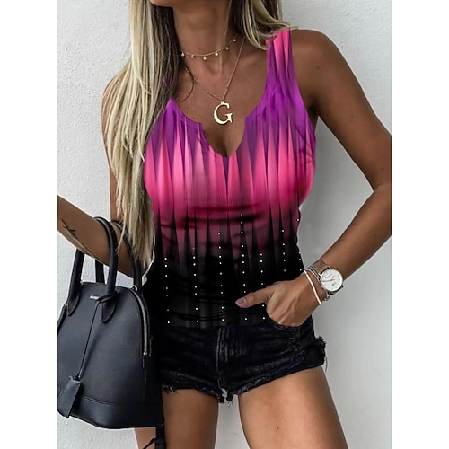 

Women's Tank Top Pink Blue Orange Color Gradient Print Sleeveless Casual Basic V Neck Regular S