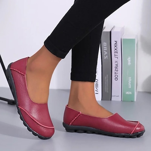 Women's Flats Slip-Ons Loafers Plus Size Barefoot shoes Comfort Shoes  Outdoor Daily Solid Color Summer Flat Heel Round Toe Casual Comfort  Minimalism Faux Leather PU Loafer Wine Red Black White 2026 -