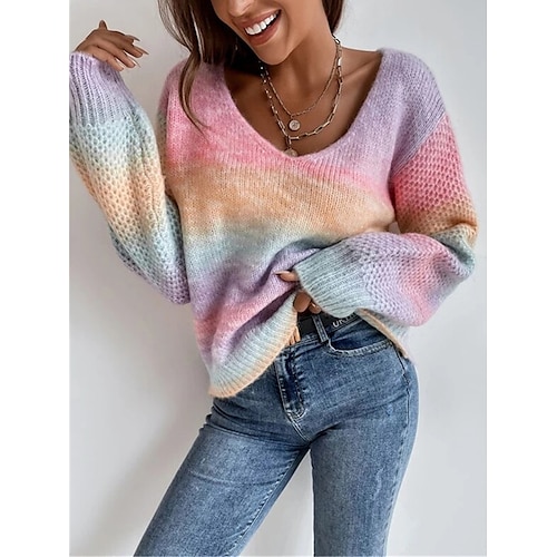 

Damen Pullover Strickwaren Gehäkelt Stricken überdimensional Bedruckt Farbblock V Ausschnitt Stilvoll Brautkleider schlicht Täglich Ausgehen Sommer Herbst Rosa S