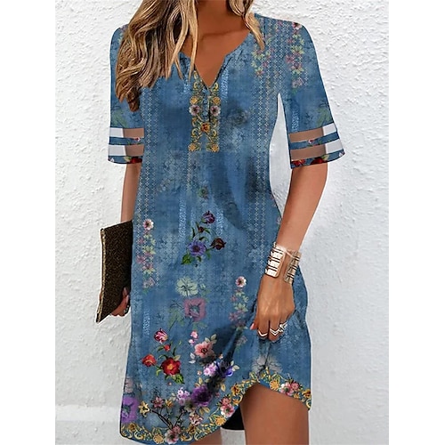 

Damen Lässiges Kleid Sommerkleid Blumen Patchwork Gespaltener Hals Minikleid Basic Täglich Kurzarm Regular Fit Blau Sommer Frühling S M L XL XXL