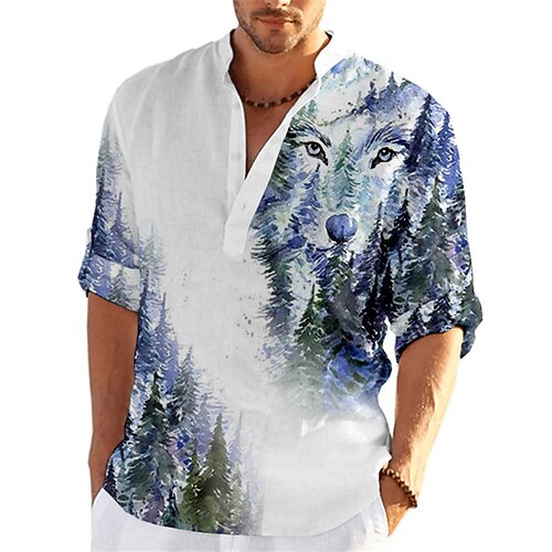 

Hombre Camisa camisa de lino Animal Lobo Estampados Escote Chino Azul-Verde Rojo Azul Piscina Verde Trébol Gris Exterior Calle Manga Larga Estampado Ropa Lino Moda Ropa de calle Design Casual