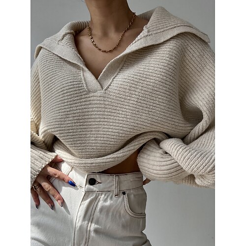 

Pull Maille Femme A côtes Tricoter énorme Couleur unie Col de Chemise mode Décontractées du quotidien Sortie manche longue Eté Printemps Kaki Beige S M L