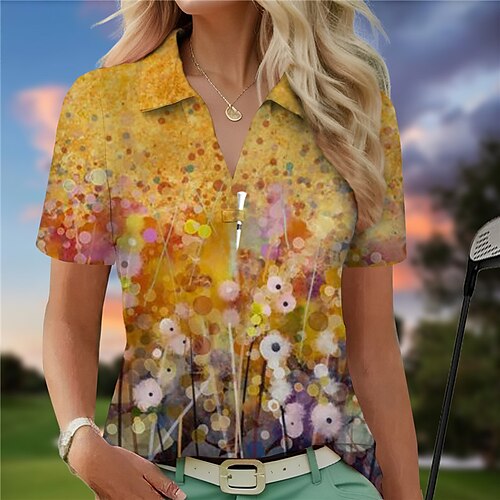 

Damen poloshirt Golfhemd Atmungsaktiv Schnelltrocknend Feuchtigkeitsableitung Kurzarm Golfbekleidung Golfkleidung Regular Fit V-Ausschnitt Blumen Sommer Tennis Golfspiel Pickleball