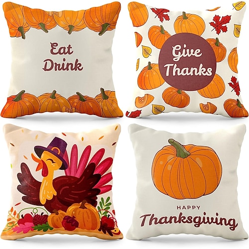 

Truthahn-Thanksgiving-Kürbis, doppelseitiger Kissenbezug, 4-teilig, weich, dekorativ, quadratisch, Kissenbezug für Schlafzimmer, Wohnzimmer, Sofa, Couch, Stuhl