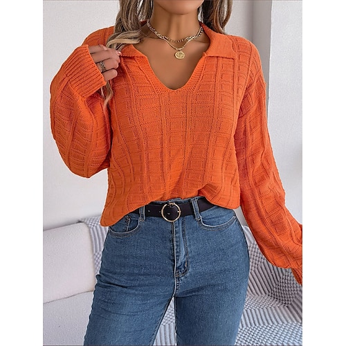 

Pull Maille Femme A côtes Tricoter Tressé Couleur unie Col de Chemise mode Décontractées Extérieur Intérieur manche longue Eté Automne Blanche Orange S M L