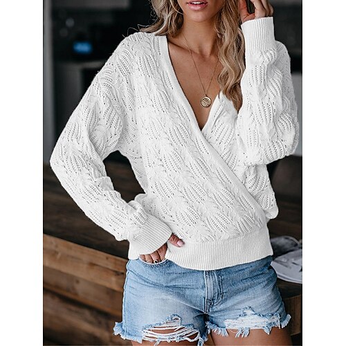 

Mujer Suéter de punto Puente Estriado Tejer Ahuecado Color sólido Escote en Pico Elegante Casual Exterior Diario Verano Otoño Negro Blanco S M L