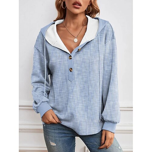 

Women's Hoodie Sweatshirt Pullover Basic Button Light Blue Striped Street Hoodie Long Sleeve