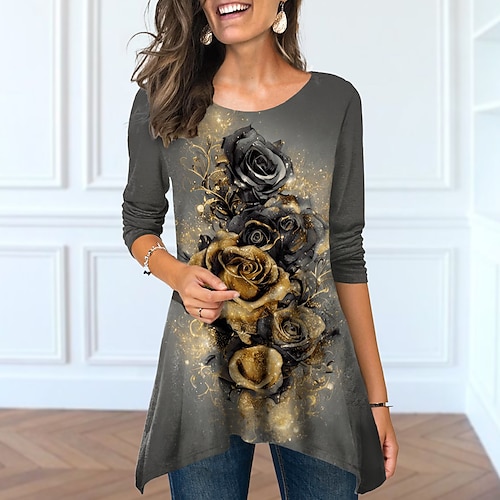 

Women's T shirt Tee Gray Floral Flowing tunic Print Long Sleeve Holiday Weekend Daily Basic Round Neck Regular Fit Floral Painting Fall & Winter