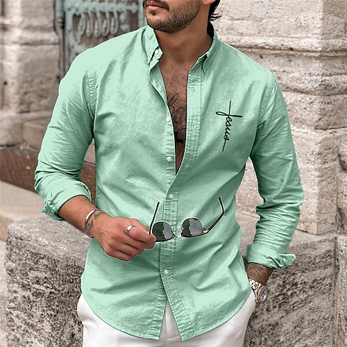 

Men's Shirt Linen Shirt Graphic Prints Cross Turndown Pink Blue Green Khaki Gray Outdoor Street Long Sleeve Print Clothing Apparel Linen Fashion Streetwear Designer Casual