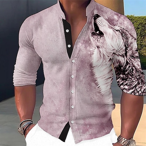  Men's Animal Wolf Shirt Button Up Shirt Long Sleeve Fashion Streetwear Designer Outdoor Casual Daily Summer Spring Fall Stand Collar Print Blue Purple Green Khaki Gray