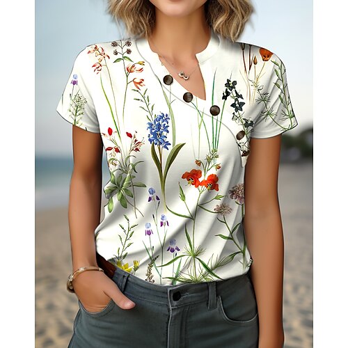 

Women's T shirt Tee White Purple Green Floral Butterfly Button Print Short Sleeve Holiday Weekend Basic V Neck Floral Butterfly Painting