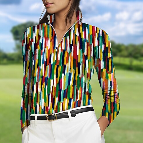 

Mulheres Camisa polo de caminhada Camisa de golfe Respirável Secagem Rápida Pavio Humido Manga Longa Vestuário de golfe Roupas de golfe Normal Zíper Colarinho Alto Listra Primavera Outono Tênis Golfe