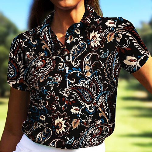 

Damen poloshirt Golfhemd Geknöpftes Poloshirt Atmungsaktiv Schnelltrocknend Feuchtigkeitsableitung Kurzarm Golfbekleidung Golfkleidung Regular Fit Paisley-Muster Sommer Tennis Golfspiel Pickleball