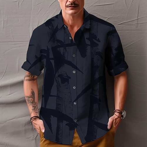 

Hombre Camisa camisa de lino Estampados Hojas Cuello Vuelto Negro Exterior Calle Mangas cortas Estampado Ropa Lino Moda Design Casual Suave