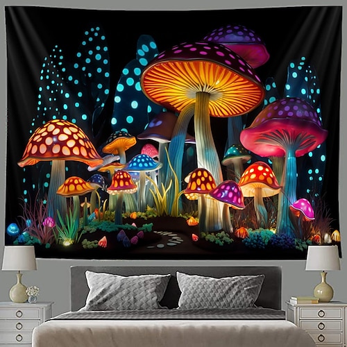  cogumelo fantasia luz negra tapeçaria brilha no escuro festa brilhante uv reativo psicodélico paisagem natural tapeçaria pendurada arte de parede mural para sala de estar quarto