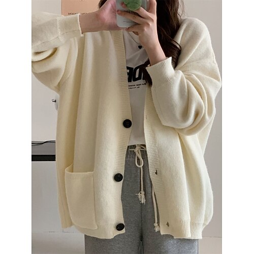 

Mulheres Sueter Cardigan Saltador Estriado Tricotar Botão Bolsos Côr Sólida Decote V à moda Casual Diário Encontro Verão Outono Preto Vermelho Tamanho Único