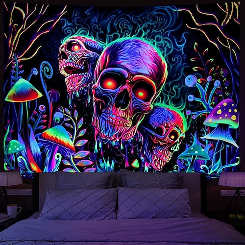 

Хэллоуин череп скелет черный свет гобелен УФ-реактивный триповый туманный гриб подвесной гобелен настенная роспись для гостиной спальни украшения на Хэллоуин