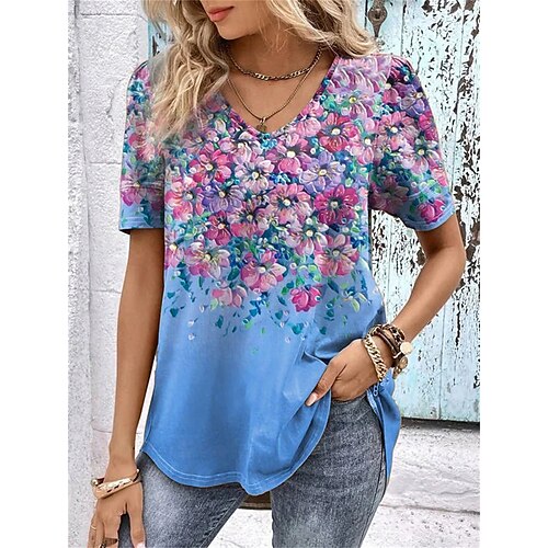 

Mulheres Camiseta Azul Floral Imprimir Manga Curta Feriado Final de semana Básico Decote V Padrão Tema Flores Pintura S