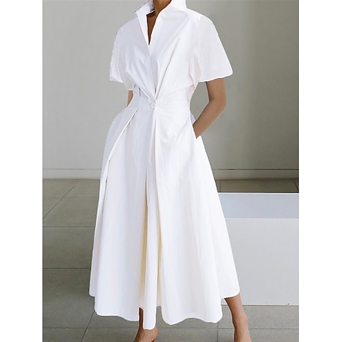 

Women's White Dress Shirt Dress Work Dress Midi Dress Outdoor Office Business Basic Split Neck Button Pocket Short Sleeve Summer Spring