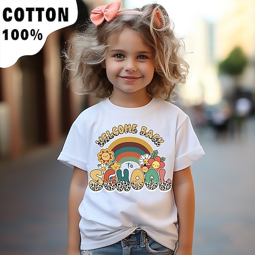 

Para Meninas Camiseta Manga Curta Camisa Camiseta Gráfico Arco-Íris Letra Impressão 3D Ativo Moda Estilo bonito 100% Algodão Escola Ao ar livre Casual Infantil Crewneck 3-12 anos Gráfico impresso em