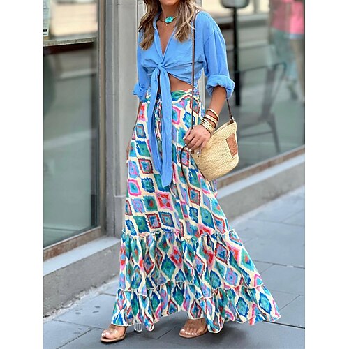 

Femme Jupe Balançoire Jupe longue Maxi Polyester Vert Jupes Eté A Volants Imprimer Mode Décontractées Eté du quotidien Vacances S M L