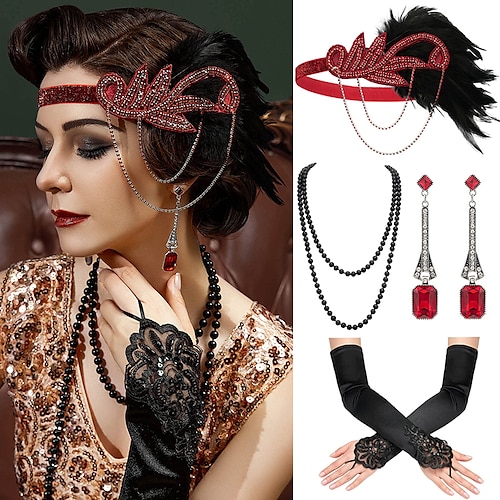 4pcs 1920's Gatsby Style Accessories Faux Feather Hair Band Faux Pearl  Necklace Earrings Halloween Masquerade Accessories