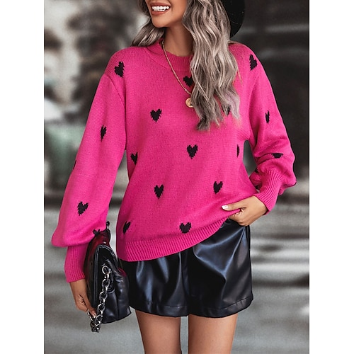 

Damen Pullover Strickwaren Gerippt Stricken überdimensional Herz Rundhalsausschnitt Stilvoll Brautkleider schlicht Outdoor Täglich Laternenärmel Sommer Herbst Fuchsie S