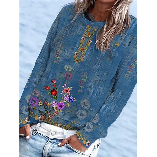 

Damen T Shirt Blau Blumen Bedruckt Langarm Festtage Wochenende Basic Rundhalsausschnitt Blume Farbe