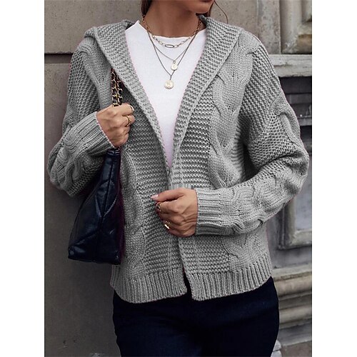 

Mulheres Sueter Cardigan Saltador Cabo Tricotar Superdimensionado Côr Sólida Com Capuz à moda Casual Ao ar livre Diário Verão Outono Preto Branco S M L