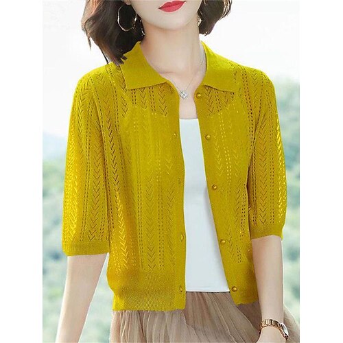 

Mulheres Sueter Cardigan Saltador Estriado Tricotar Botão Côr Sólida Colarinho de Camisa à moda Casual Ao ar livre Diário Verão Outono Preto Amarelo S M L
