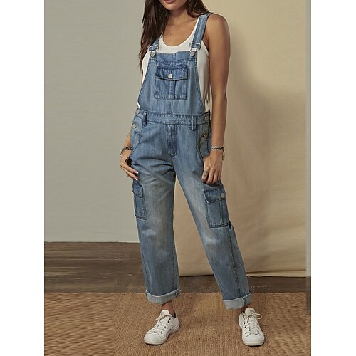 

Women's Overall Cowgirl Jeans Western Wear Backless Button Solid Color Square Neck Streetwear Daily Vacation Regular Fit Sleeveless Blue S M L Summer